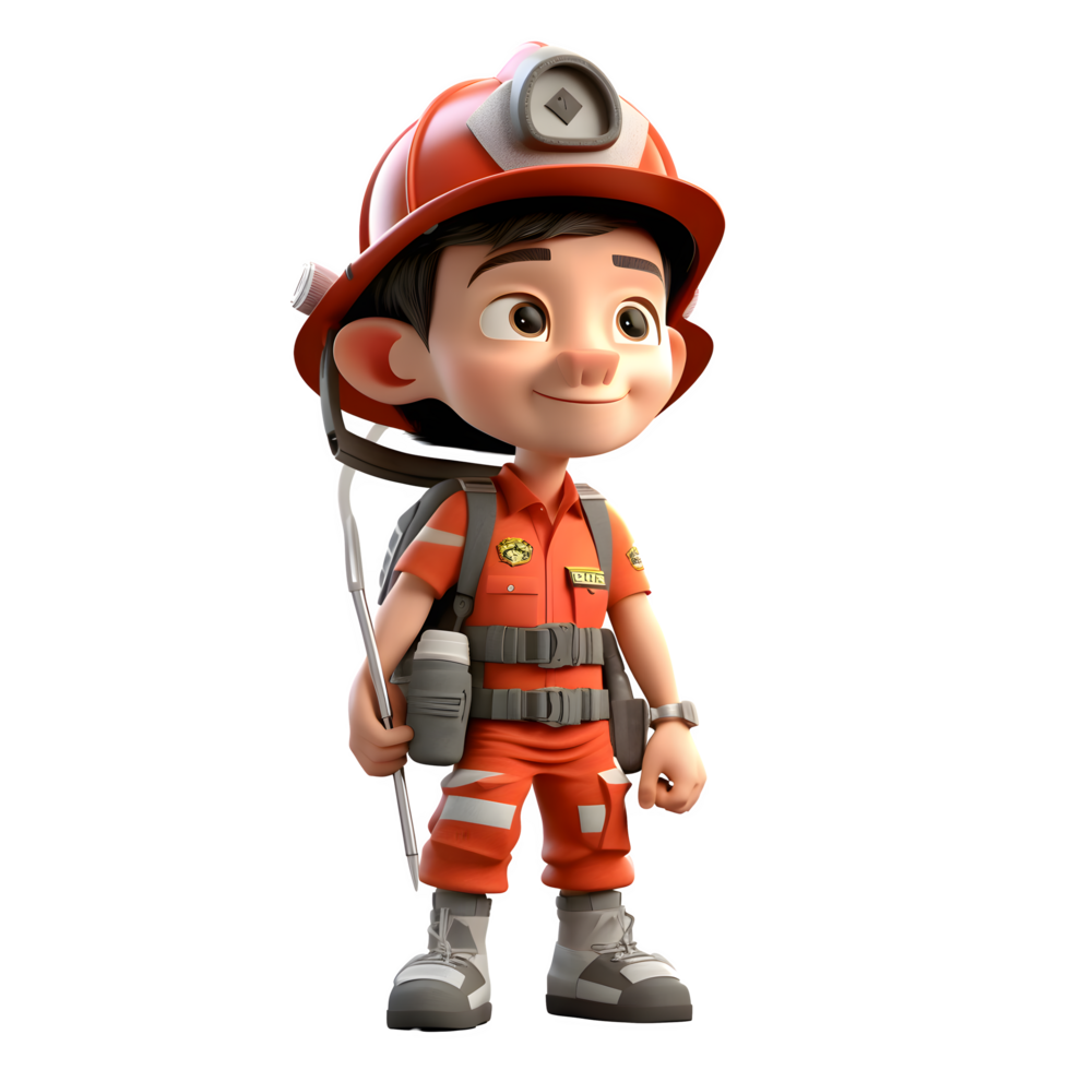 Skilled 3D Firefighter Boy with Training Equipment Ideal for Firefighting or Rescue Training Programs PNG Transparent Background