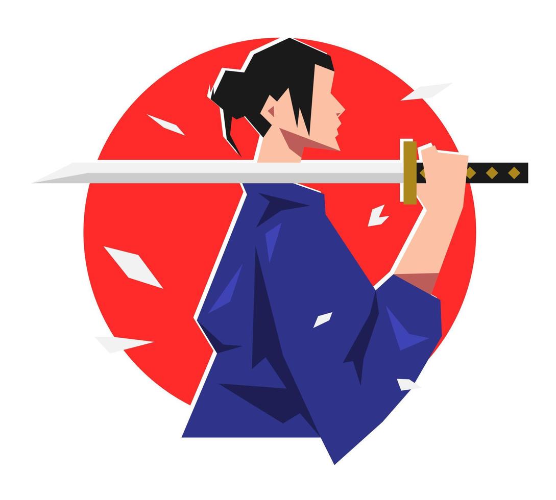 samurai personaje participación katana en hombro. lado vista. japonés concepto, samurai. rojo circulo fondo, y hojas. adecuado para camiseta diseño, pegatina, imprimir, etc. plano vector ilustración.