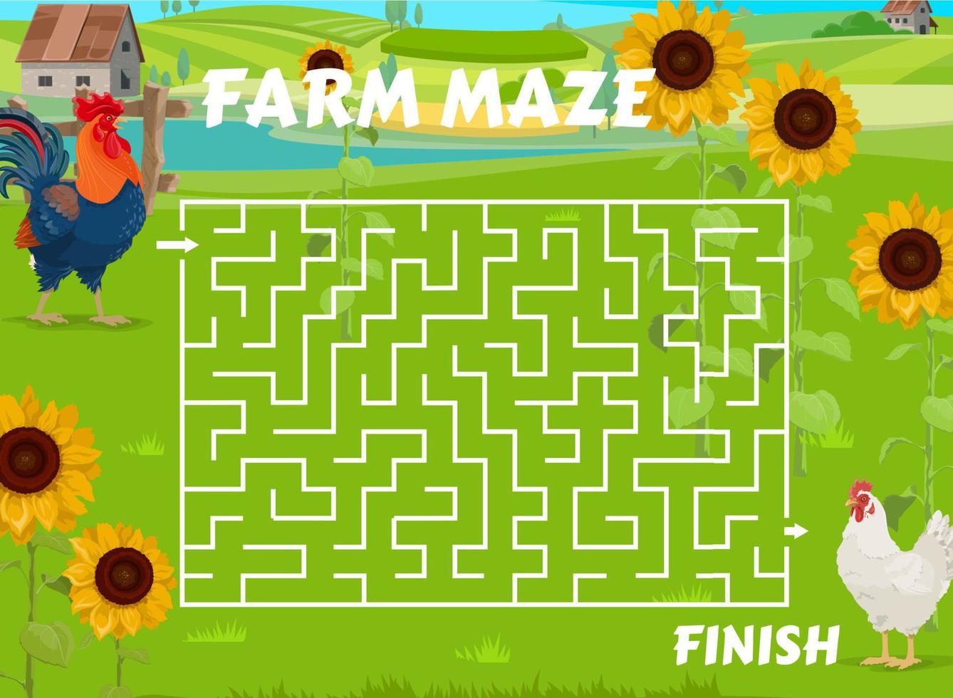 Labyrinth maze game with rooster and hen on farm vector