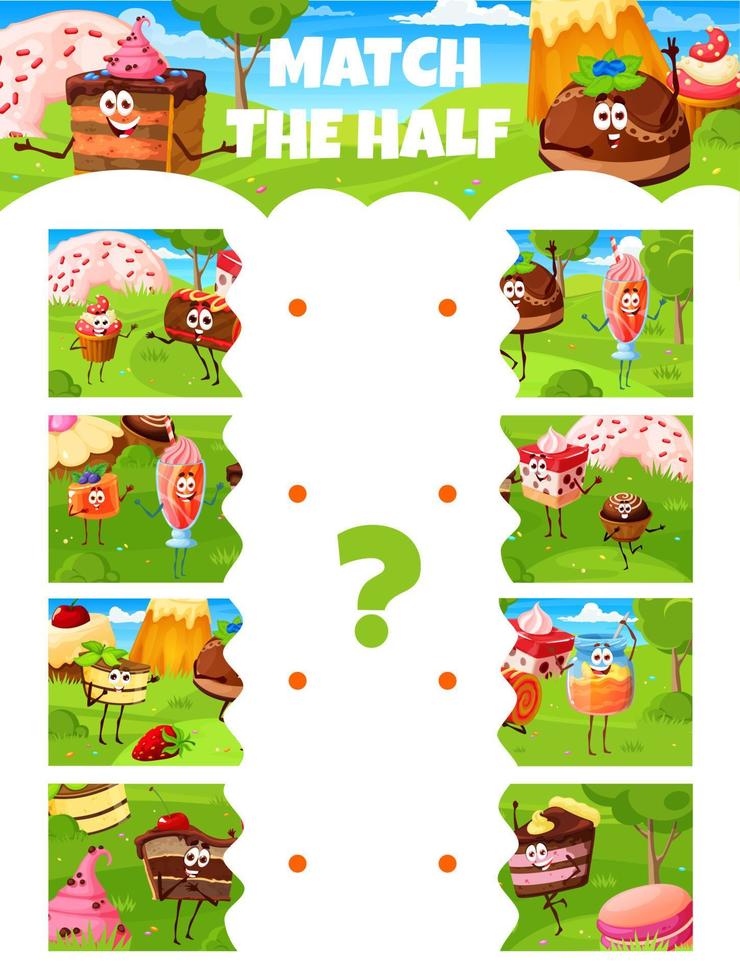 Match the half of cartoon candy, pastry characters vector