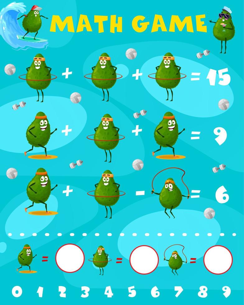 dibujos animados aguacate caracteres matemáticas juego hoja de cálculo vector