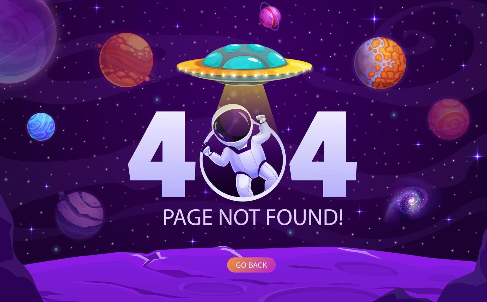 Page 404. Cartoon astronaut, UFO and space planets vector