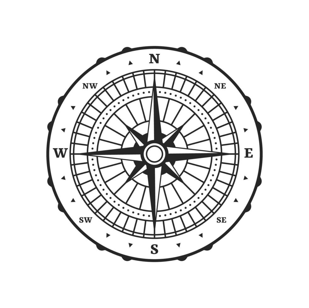 Old compass, vintage map wind rose navigation vector