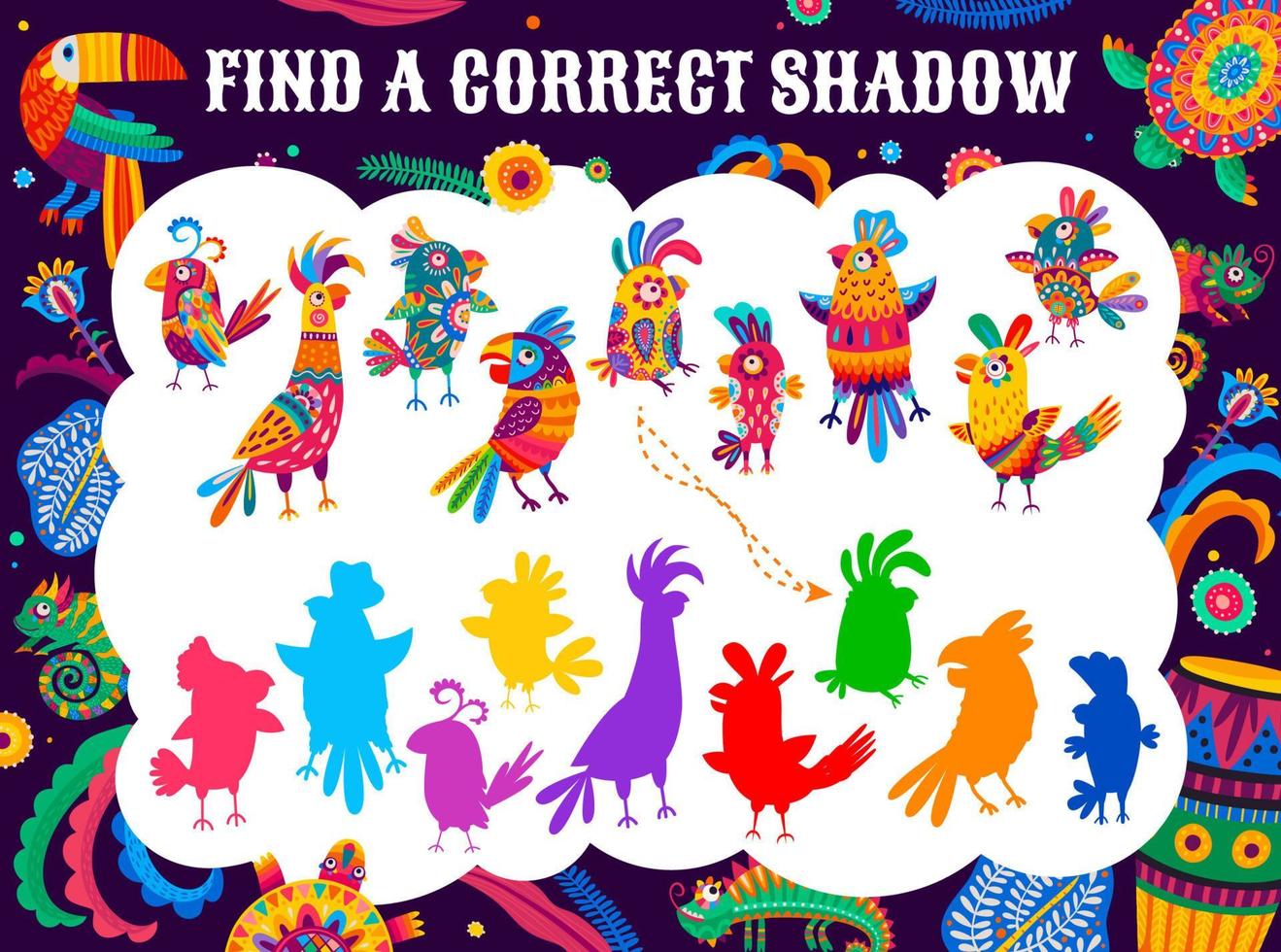 Find correct shadow of cartoon mexican parrots vector