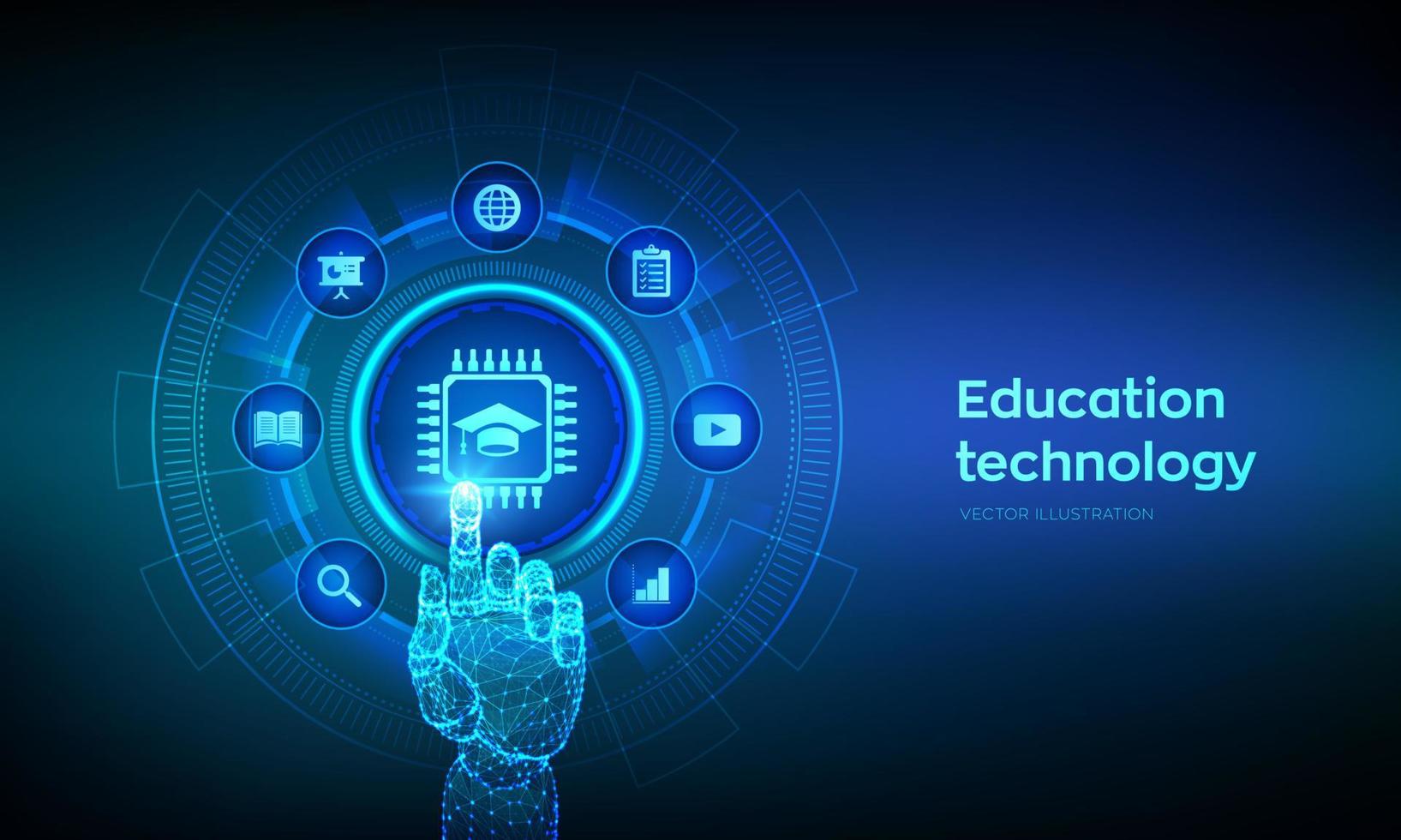 Education technology. Edtech. Innovative online e-learning concept. Webinar, knowledge, online training courses. Skill development. Robotic hand touching digital interface. Vector illustration.