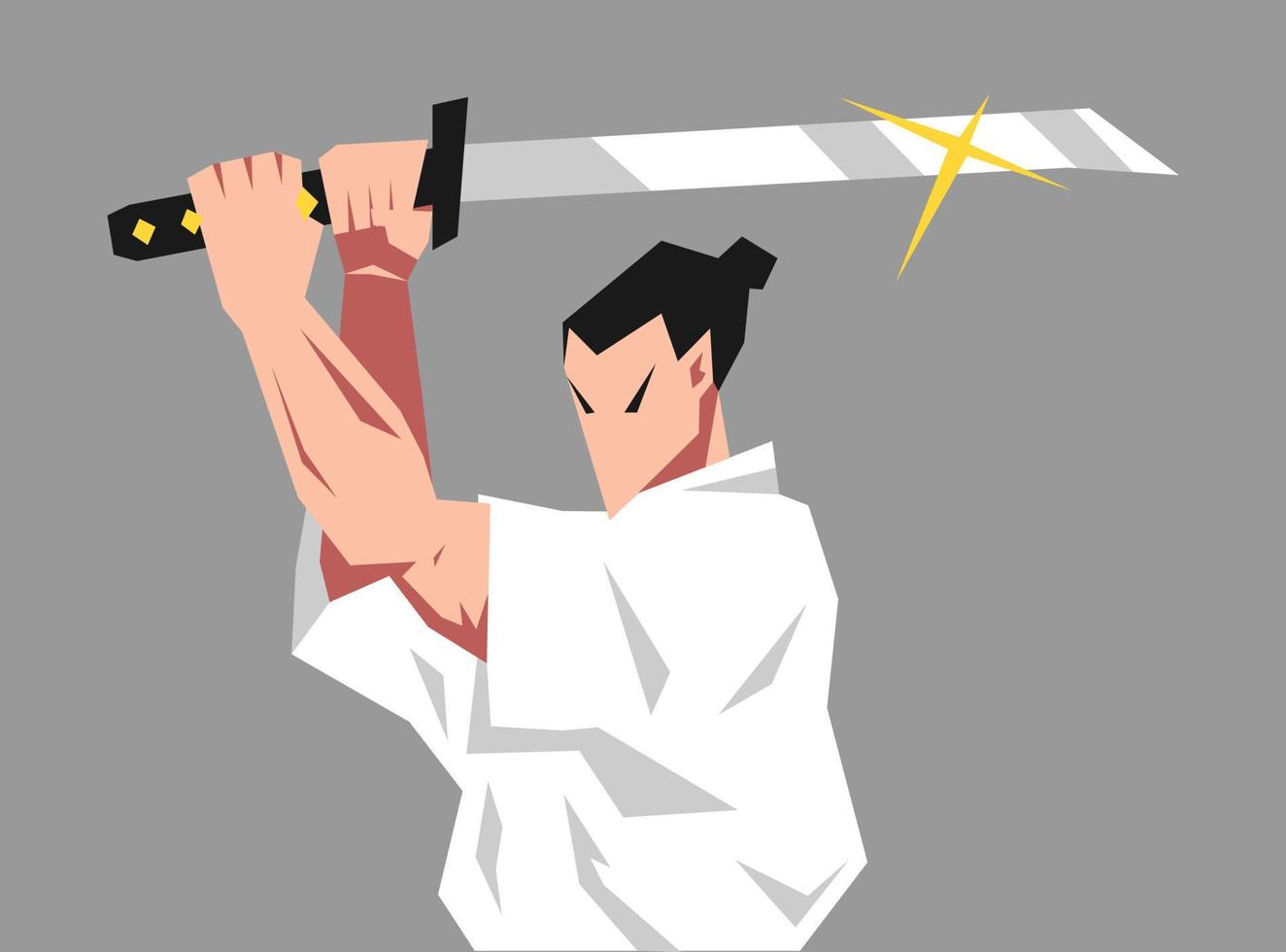 male samurai character angry expression lifting katana. concept of japan, dojo, samurai. suitable for t-shirt design, sticker, print, poster, etc. flat vector illustration.