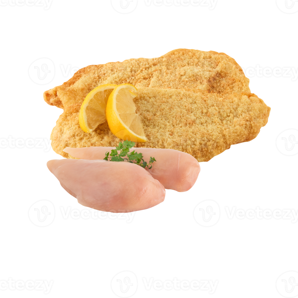 Fresh chicken breast meat and crispy battered chicken breast with cut out isolated on background transparent png