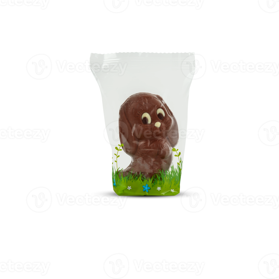 konijn konijn vormig chocolaatjes in plastic zak met besnoeiing uit geïsoleerd Aan achtergrond transparant png