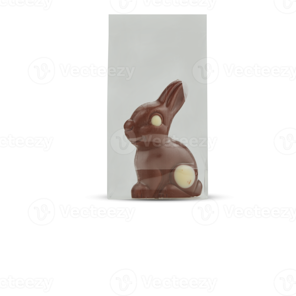 Bunny rabbit shaped chocolates in plastic bag with cut out isolated on background transparent png