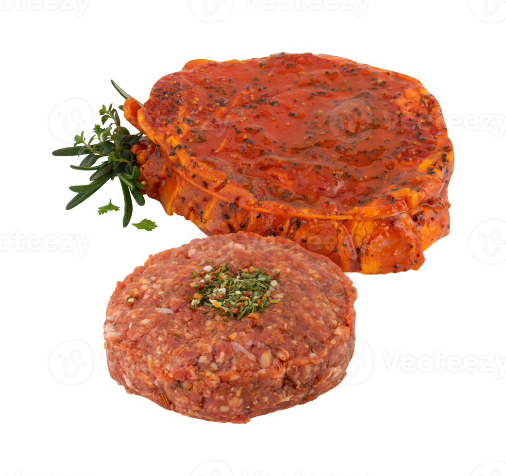 Fresh thinly sliced steak marinated with spices with cut out isolated on background transparent png