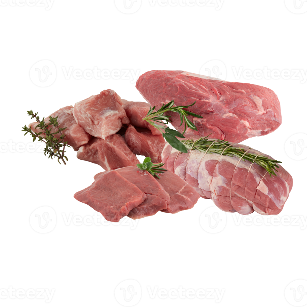 Fresh thinly sliced steak marinated with spices with cut out isolated on background transparent png