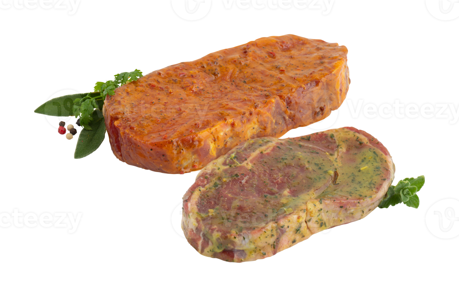 Fresh thinly sliced steak marinated with spices with cut out isolated on background transparent png
