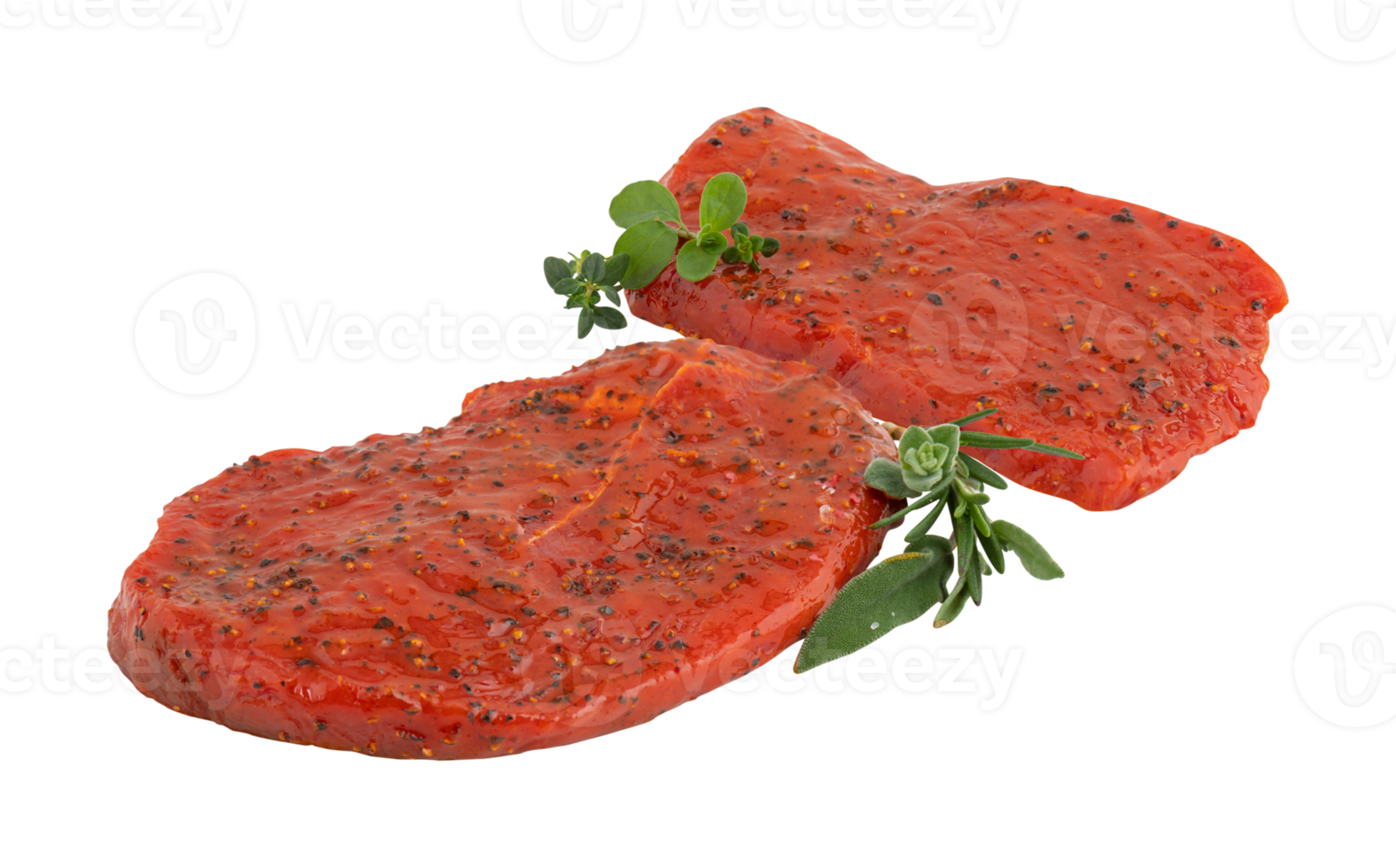 Fresh thinly sliced steak marinated with spices with cut out isolated on background transparent png