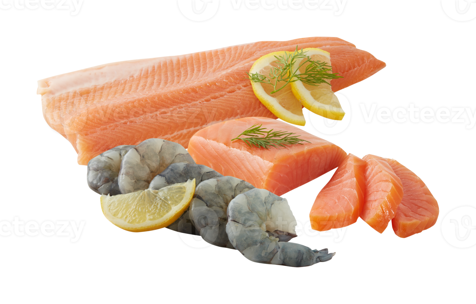Fresh salmon and shrimp with cut out isolated on background transparent png