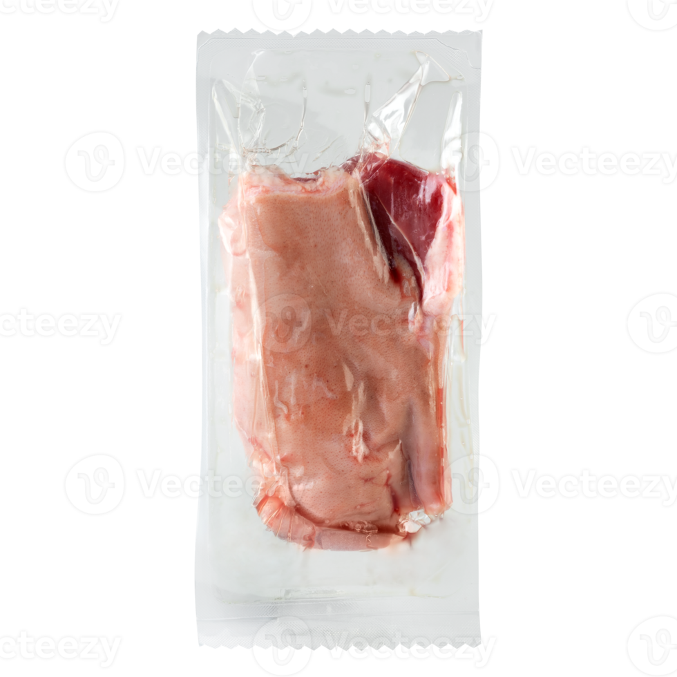 Fresh pork with skin in a clear bag, vacuum sealed with cut out isolated on background transparent png