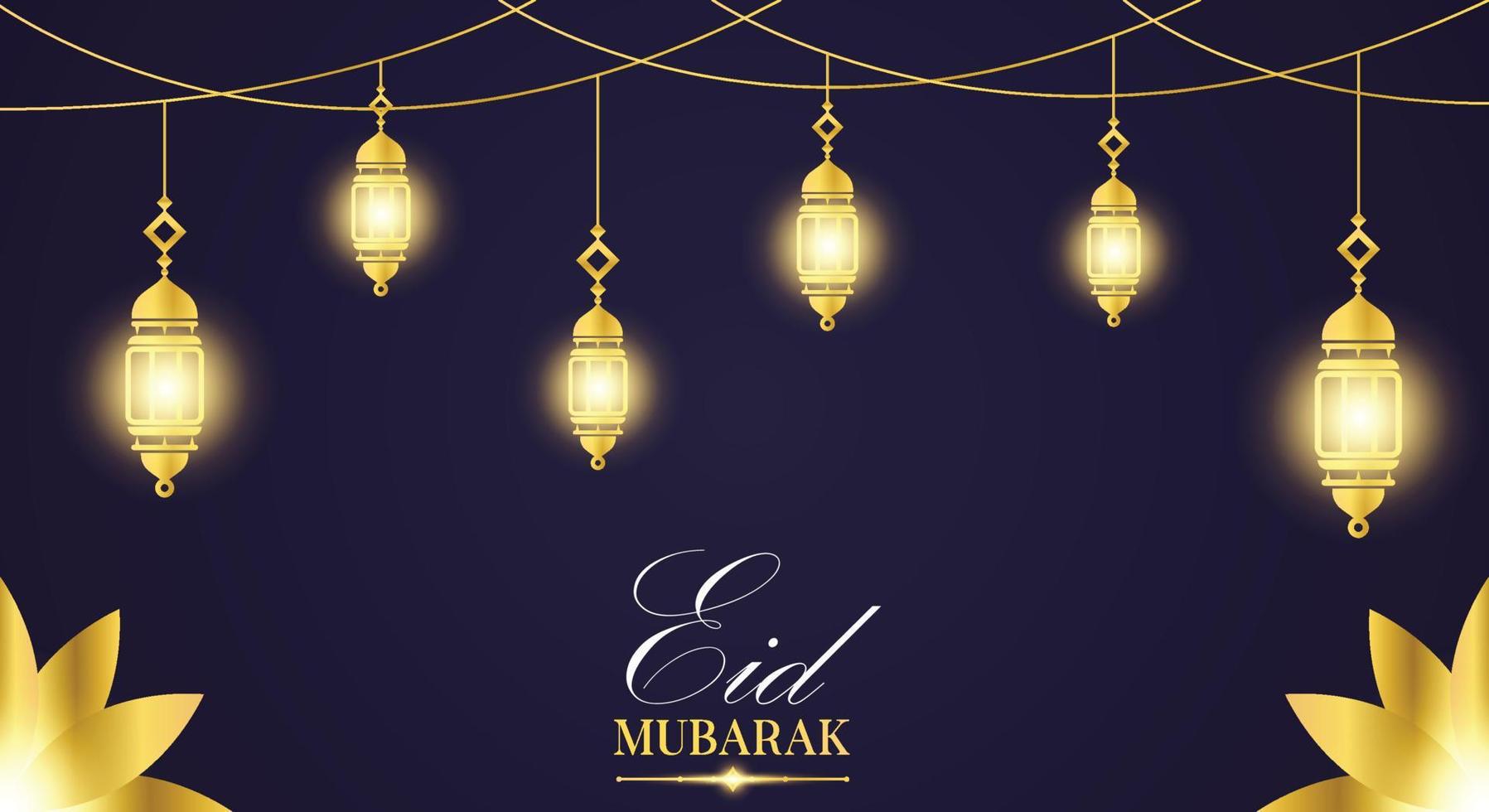 dorado eid Mubarak bandera y póster modelo con iluminado linternas islámico ornamento y oro flor vector