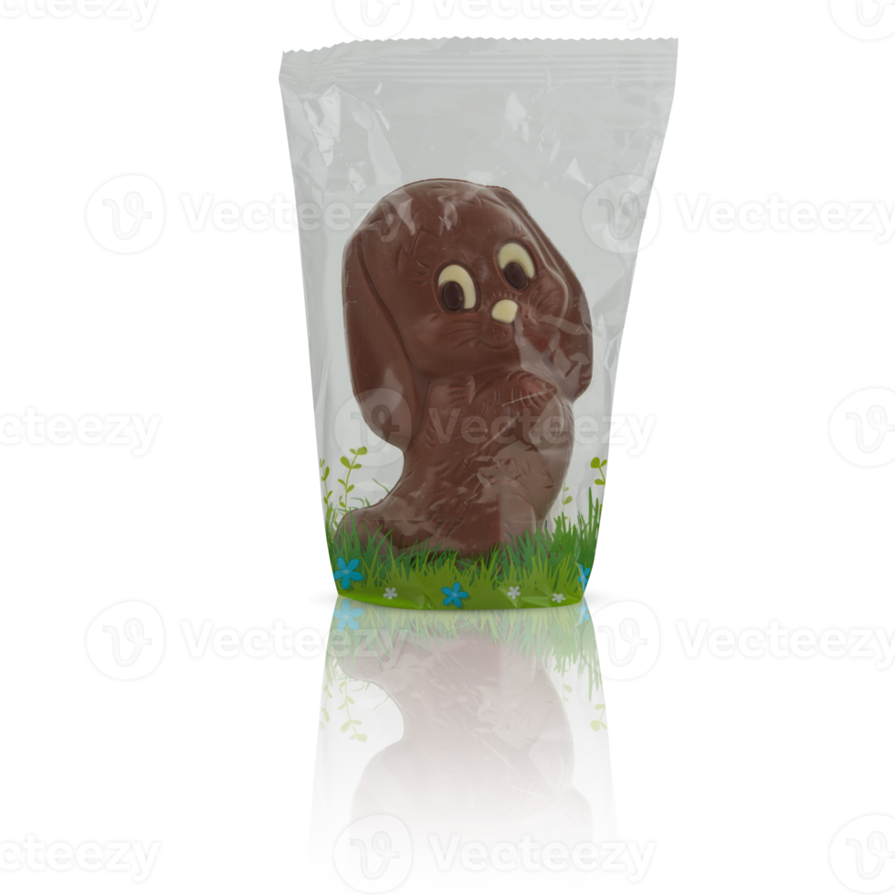 lapin lapin en forme de des chocolats dans Plastique sac avec Couper en dehors isolé sur Contexte transparent png