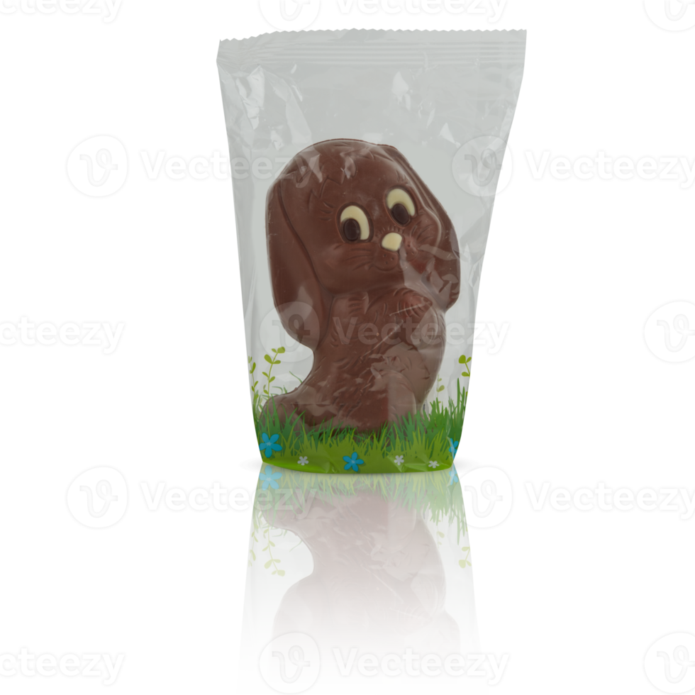 Bunny rabbit shaped chocolates in plastic bag with cut out isolated on background transparent png