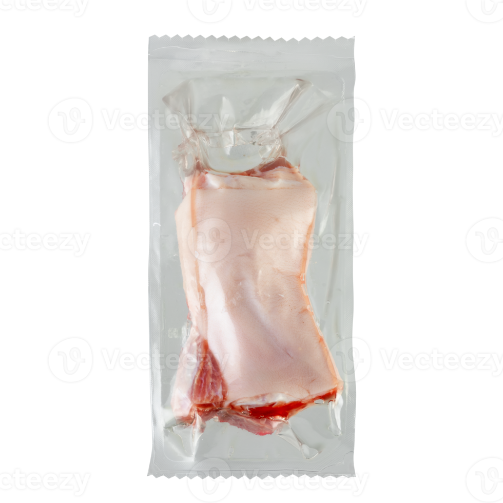 Fresh pork with skin in a clear bag, vacuum sealed with cut out isolated on background transparent png