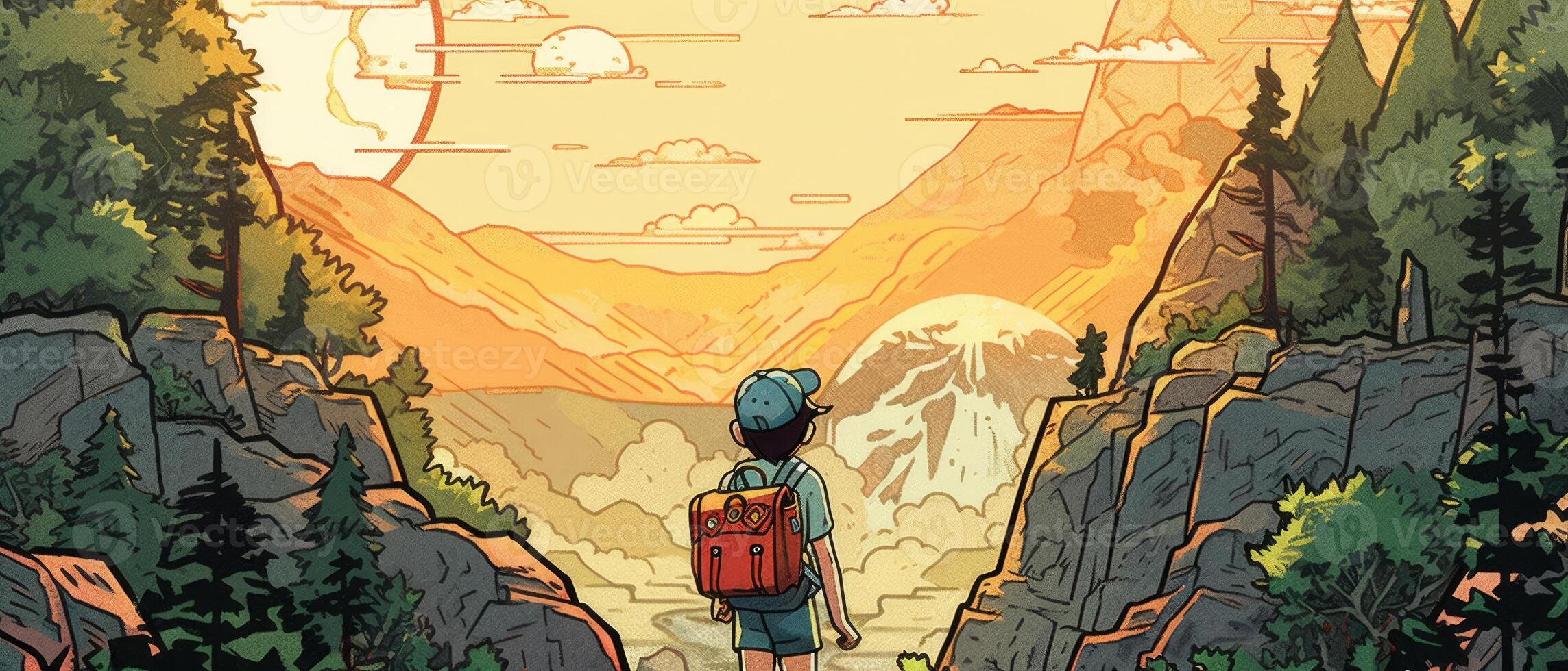 illustration of little boy with backpack hiking in scenic mountains. photo