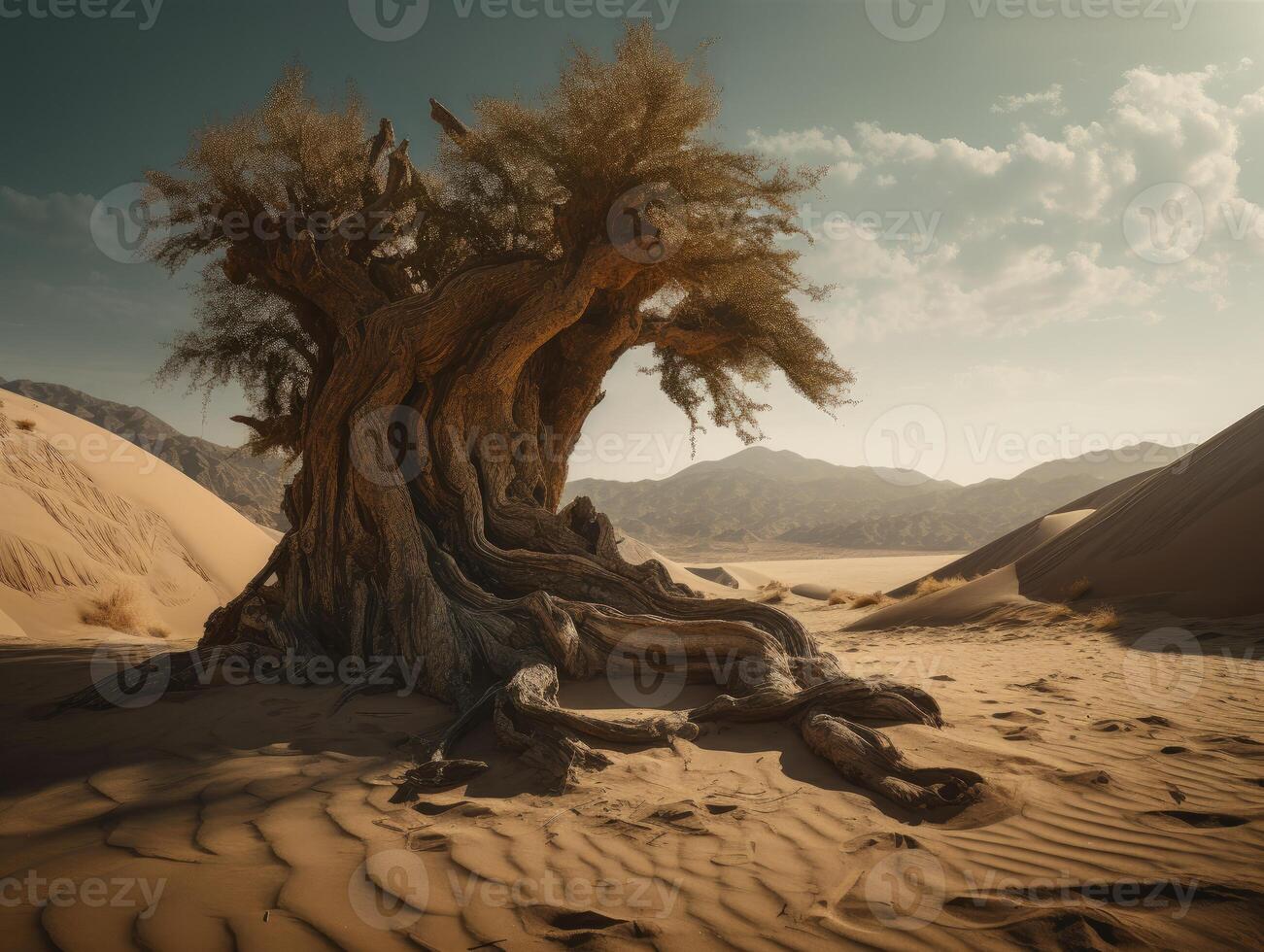 Dead tree in the desert. Single ghaf tree with midday shadow against a blue sky. . photo