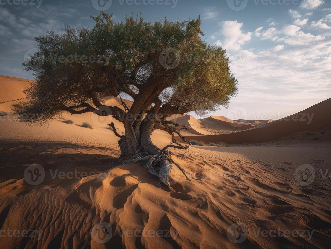 muerto árbol en el desierto. soltero ghaf árbol con mediodía sombra en contra un azul cielo. generativo ai. foto