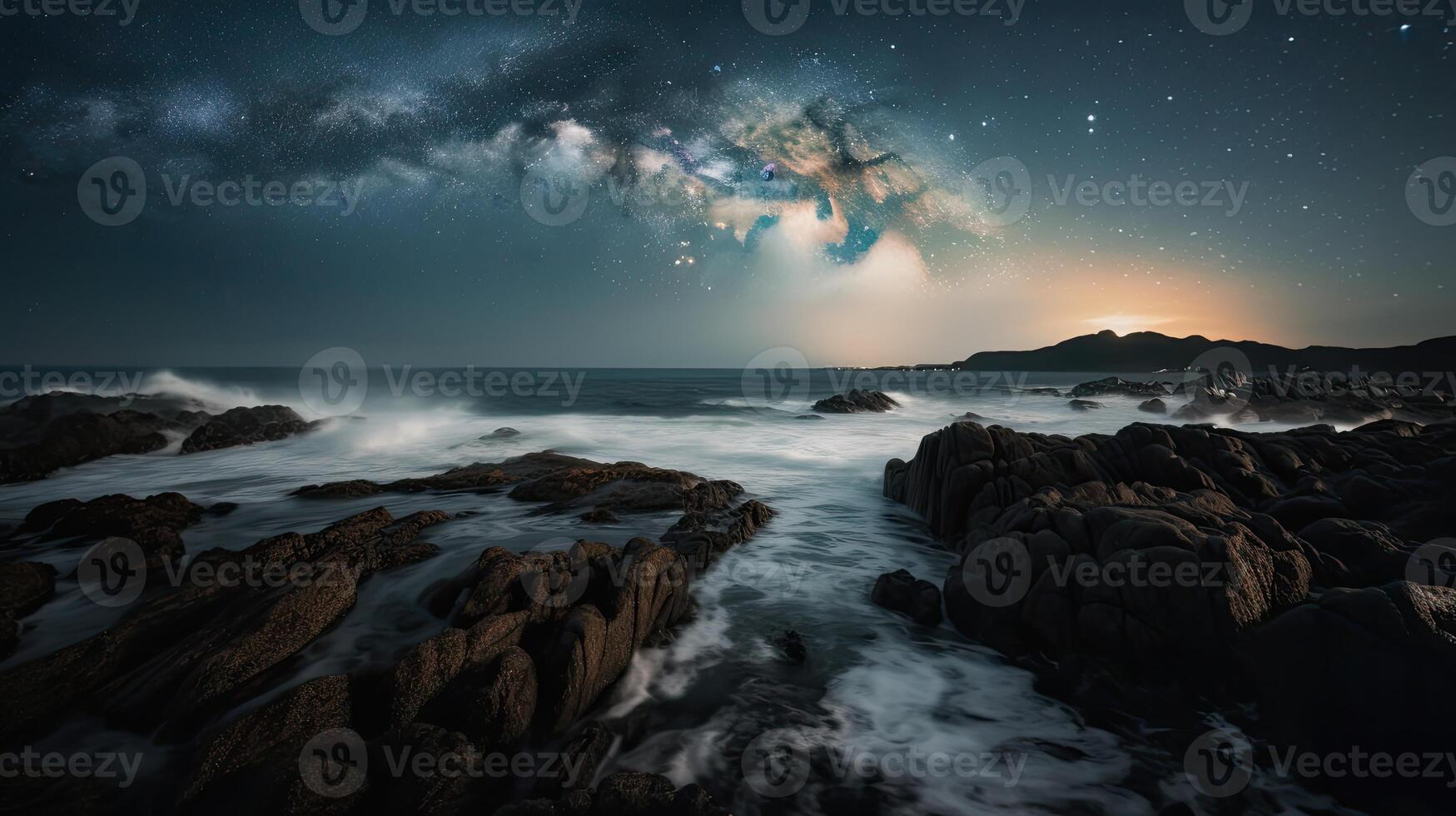Milky Way and mountains at night. Beautiful landscape with bright milky way arch, rocky path, starry sky at night in Nepal. Trail in mountain valley, sky with stars. photo