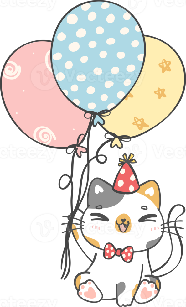 fofa brincalhão aniversário gato com balões a comemorar festa desenho animado rabisco mão desenhando png