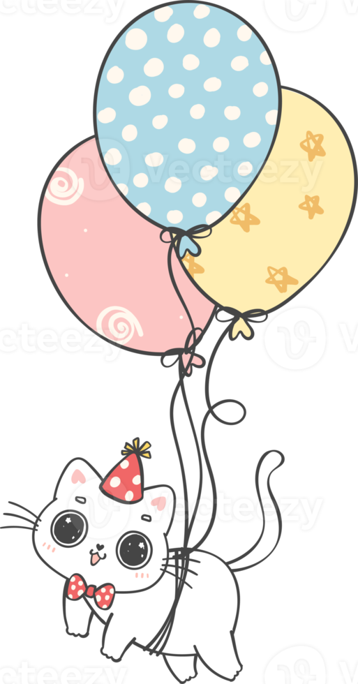 linda juguetón cumpleaños gato con globos celebrando fiesta dibujos animados garabatear mano dibujo png