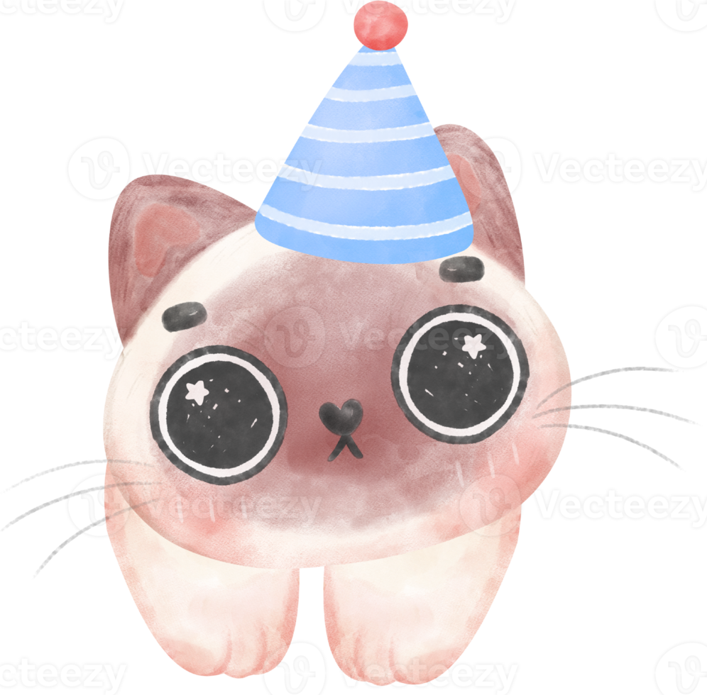 fofa brincalhão aniversário gato face a comemorar festa desenho animado aguarela png