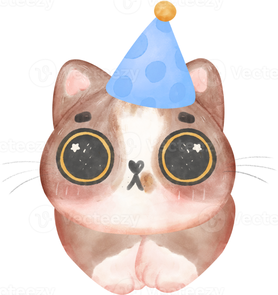 Cute playful birthday cat face celebrating party cartoon watercolor png