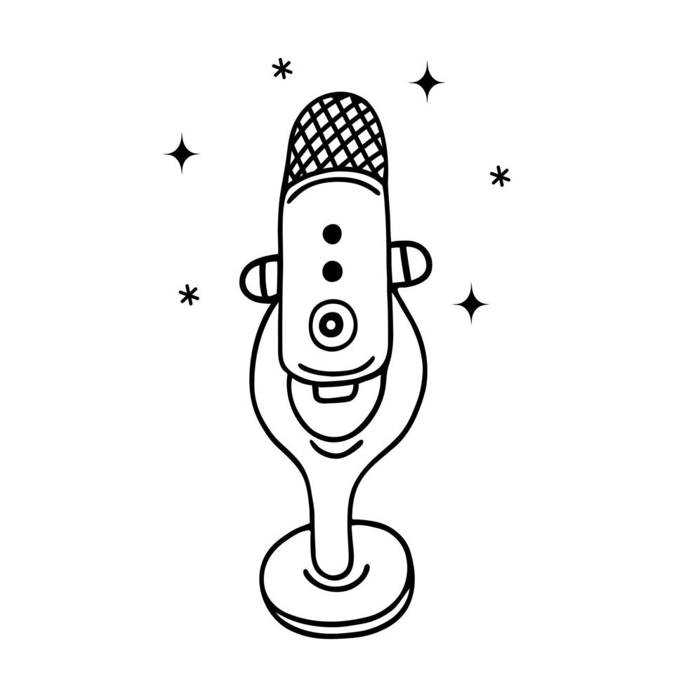 micrófono vector icono. dispositivo para podcast, arroyo, karaoke sencillo garabatear aislado en blanco. línea arte, negro describir. clipart para logo, aplicaciones, web, grabación estudio