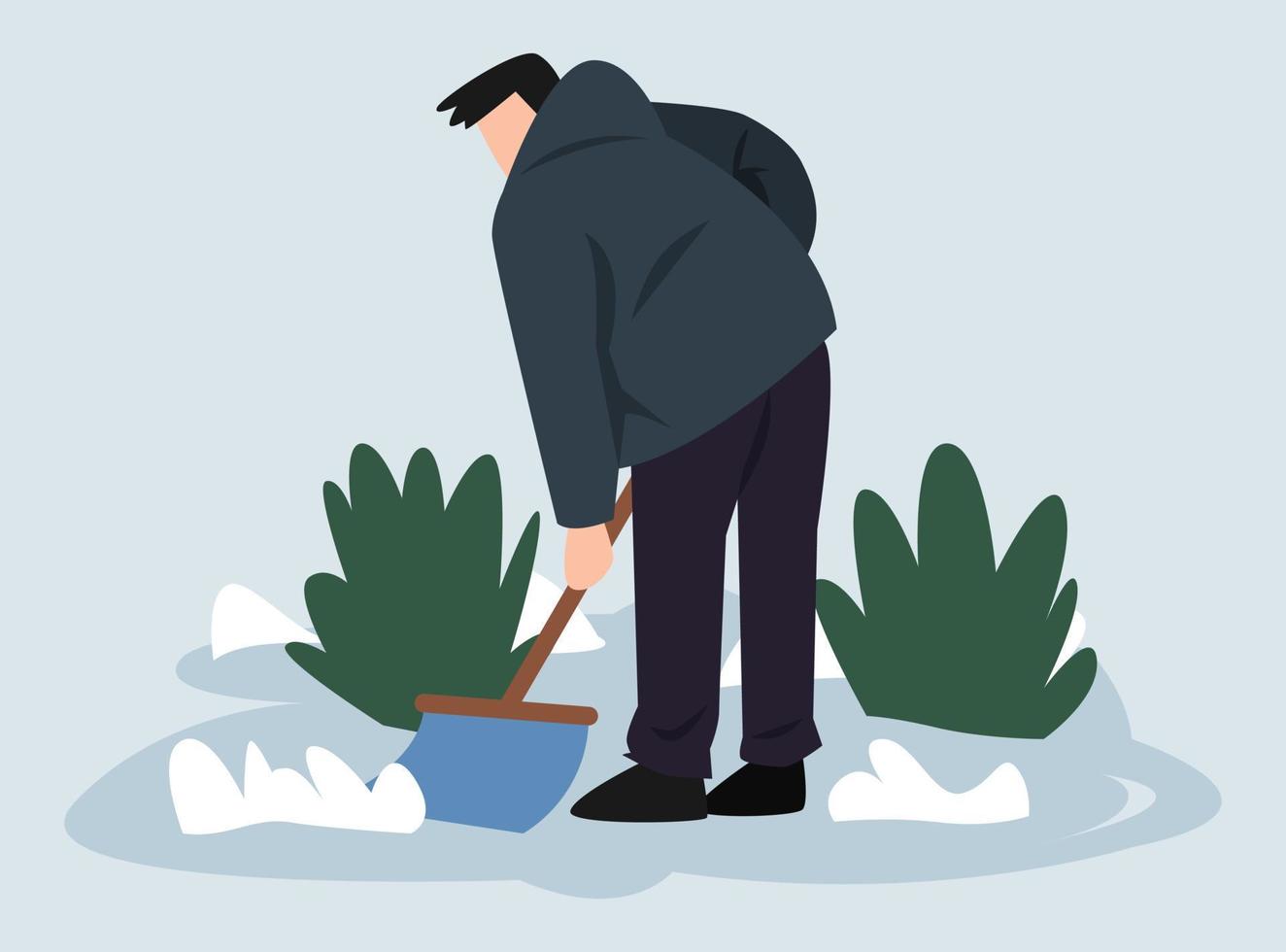 male character shoveling snow. activity concept, winter. flat vector illustration.