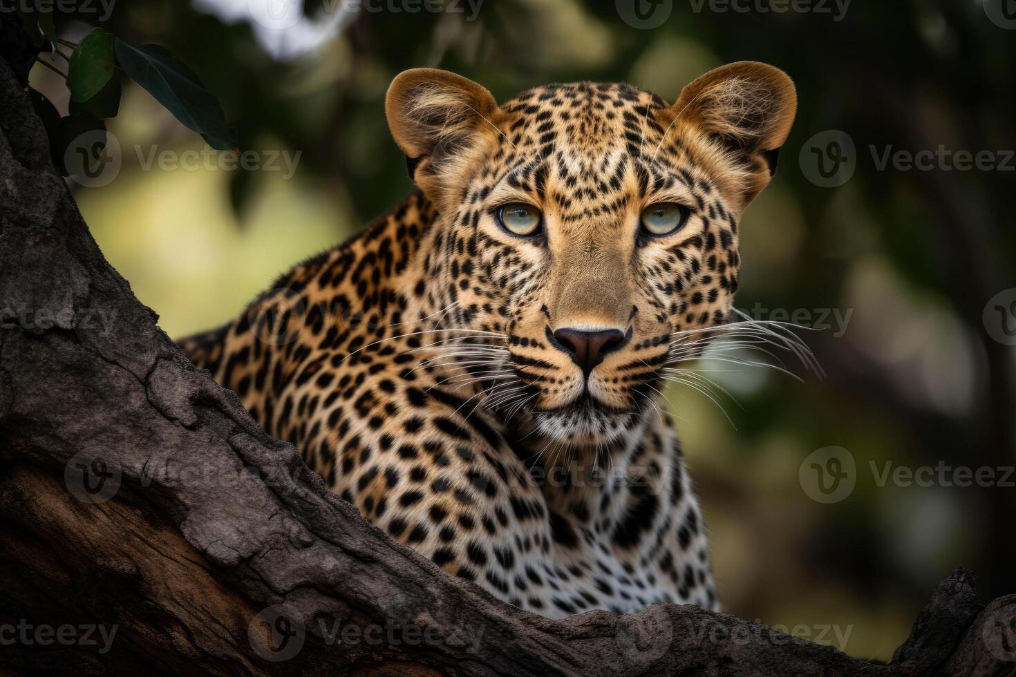 Close up young leopard portrait. Close up beautiful angry big leopard in forest. photo