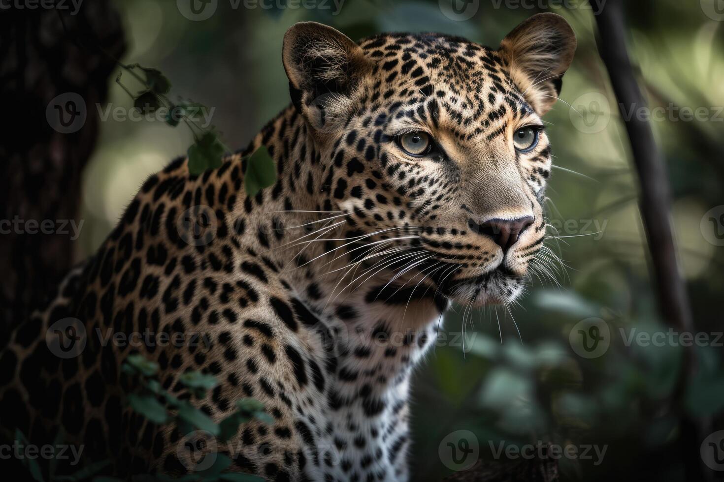 Close up young leopard portrait. Close up beautiful angry big leopard in forest. photo