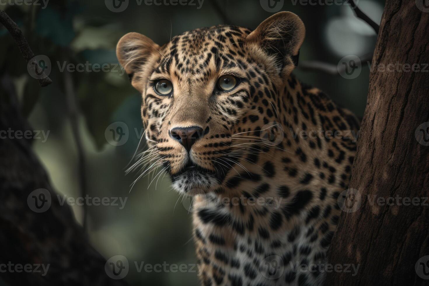 Close up young leopard portrait. Close up beautiful angry big leopard in forest. photo