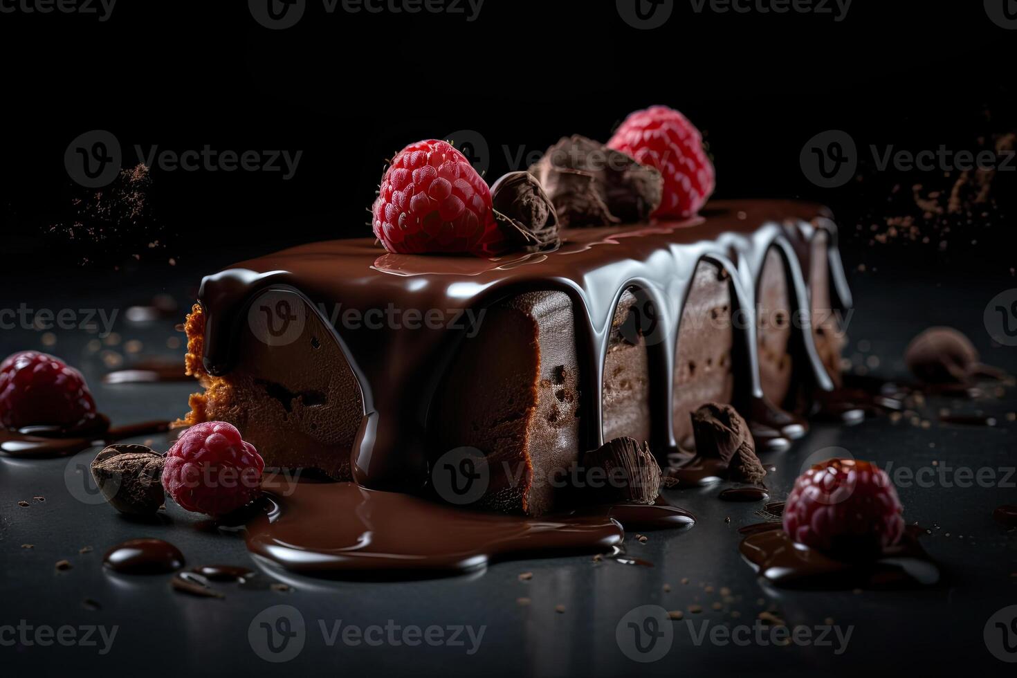 Traditional homemade chocolate cake sweet pastry dessert with brown icing, cherries, raspberry, currant on vintage wooden background. Dark food photo, rustic style, natural light. . photo