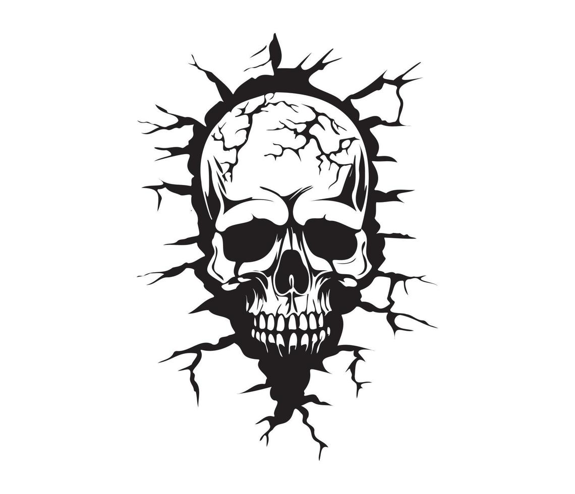 Skull tearing out of the wall. Skeleton breaking through wall. Human skull through the hole. Halloween decor vector