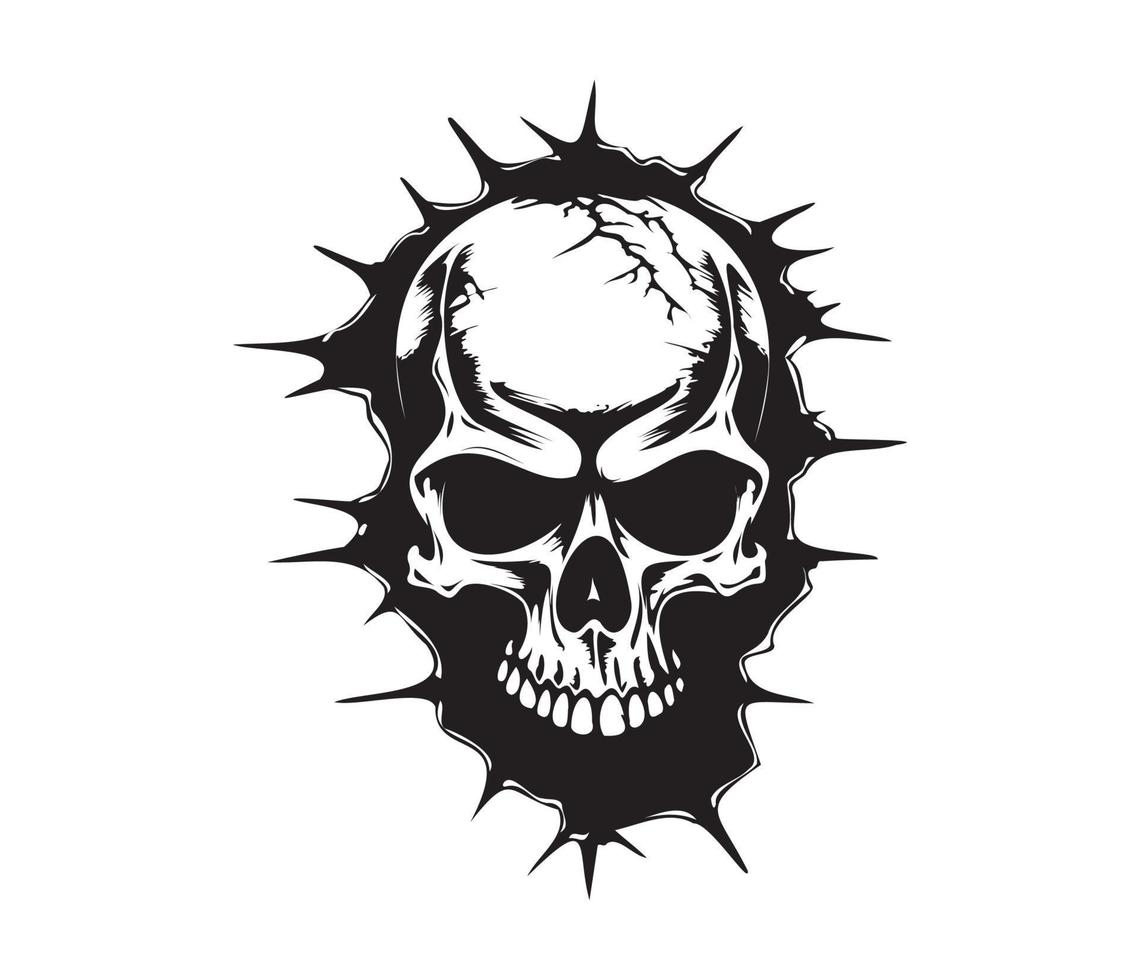 Skull tearing out of the wall. Skeleton breaking through wall. Human skull through the hole. Halloween decor vector