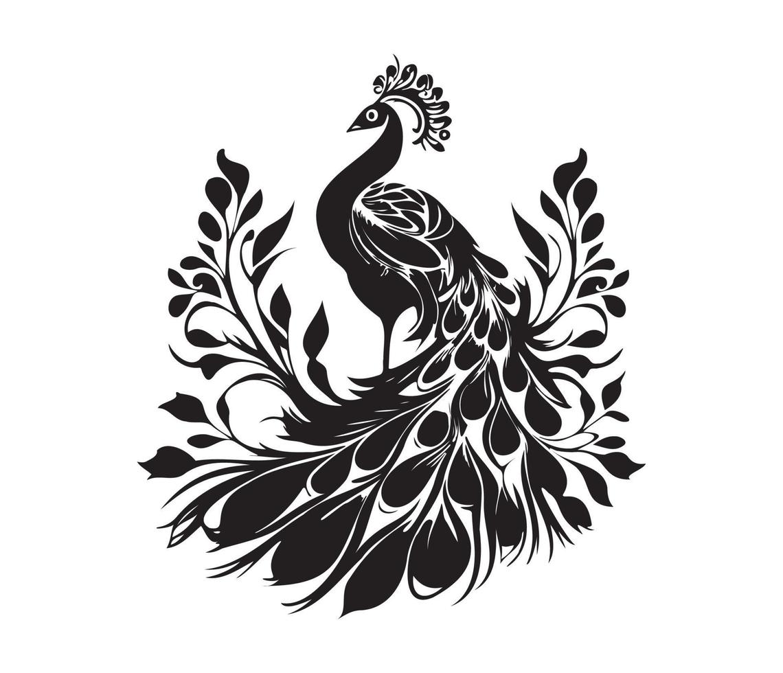 Monochrome peacock. Animal bird vector illustration, peafowl art design