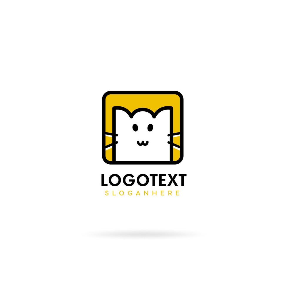 White cat logo illustration, yellow background. Vector icon