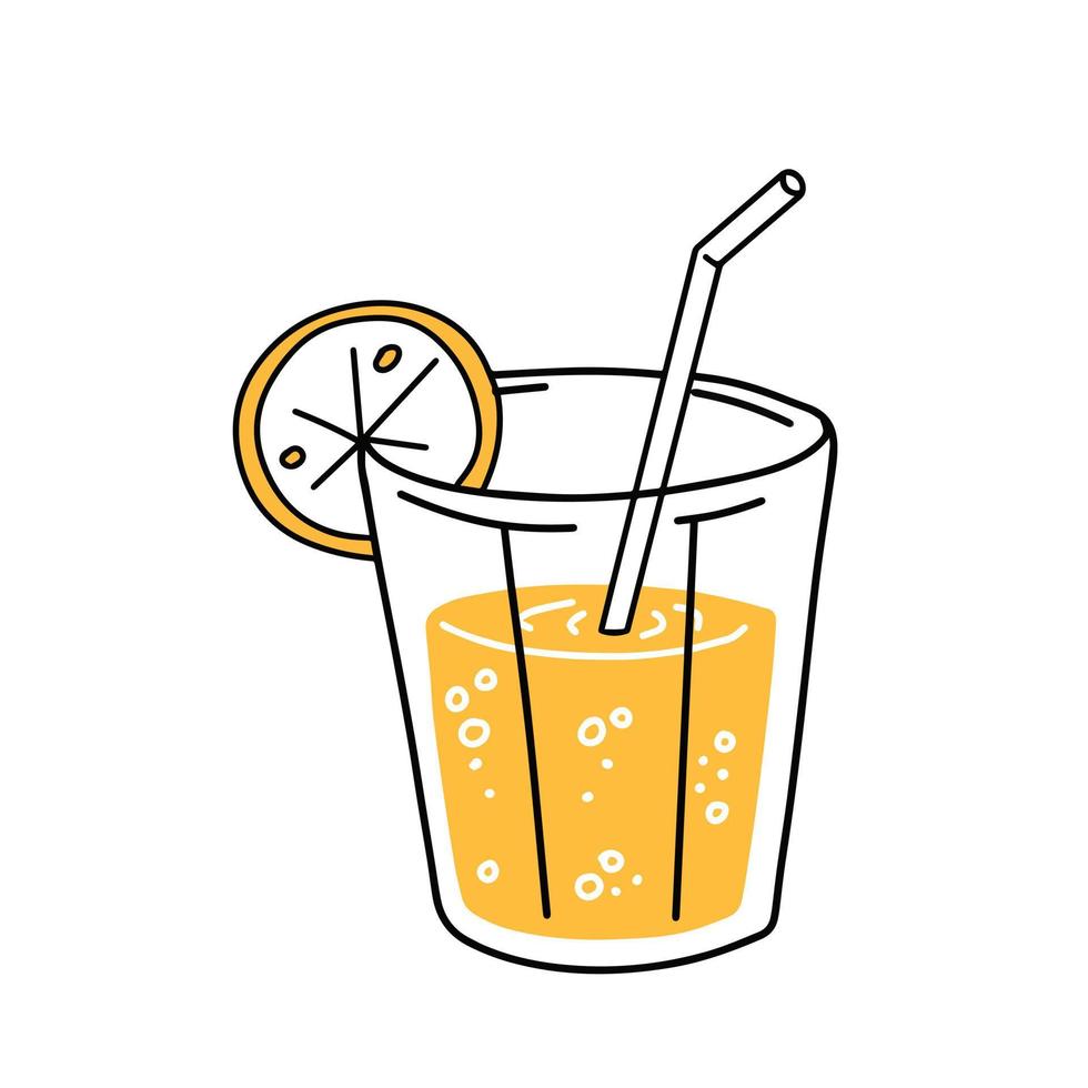 Orange juice. Glass of fresh drink. Trendy outline cartoon. Thirst quenching and summer cocktail vector