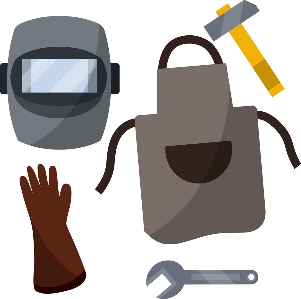 Set of objects working. Welders clothing and glasses, glove, hammer, wrench. Industrial element of plant. Safety and security. Repair and maintenance vector