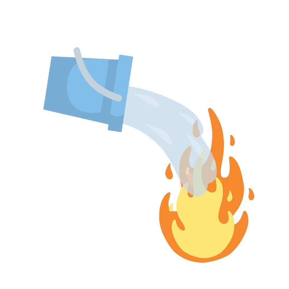 Bucket pours water on fire. Firefighting and spilling with spray. Flat cartoon illustration isolated on white background vector