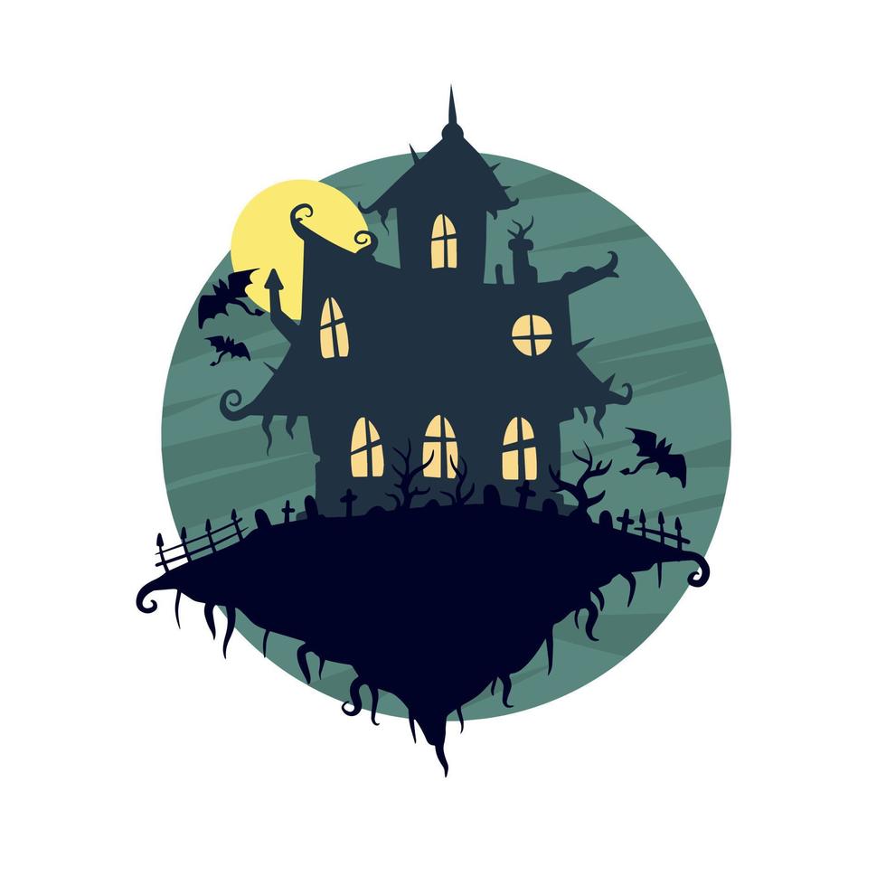 Halloween haunted house isolated on white background. Scary dark silhouette of home or mansion. Cartoon Vector spooky Illustration. Gothic cute town