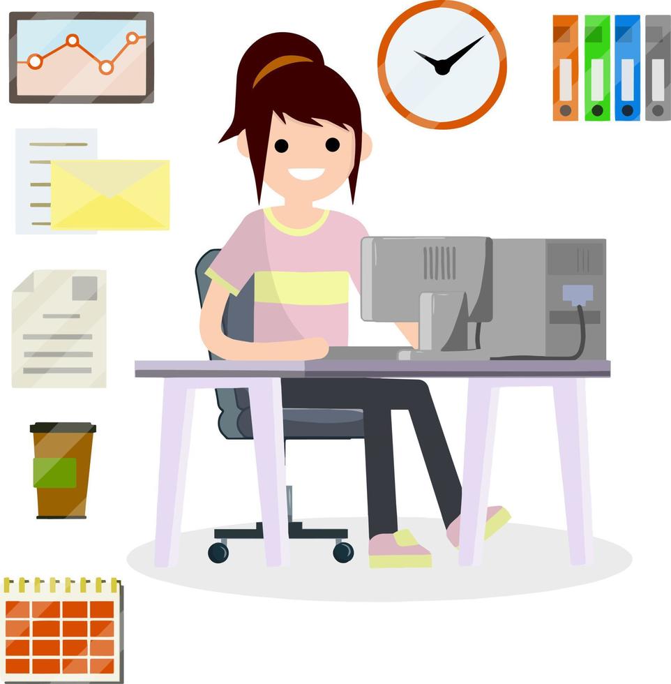 Man sitting at computer in office. Cartoon flat illustration. Work with PC. Set for business work-schedule, hours, file documents, letter, coffee, calendar. Company employee and office items vector