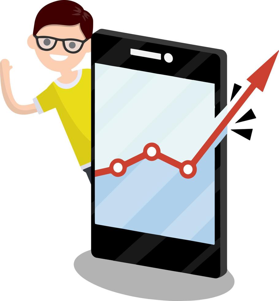 Young man and a huge phone with business growth graph. Blogger and statistics of subscribers and views. Guy and online business. Red arrow breaks the border and frames. Cartoon flat illustration vector