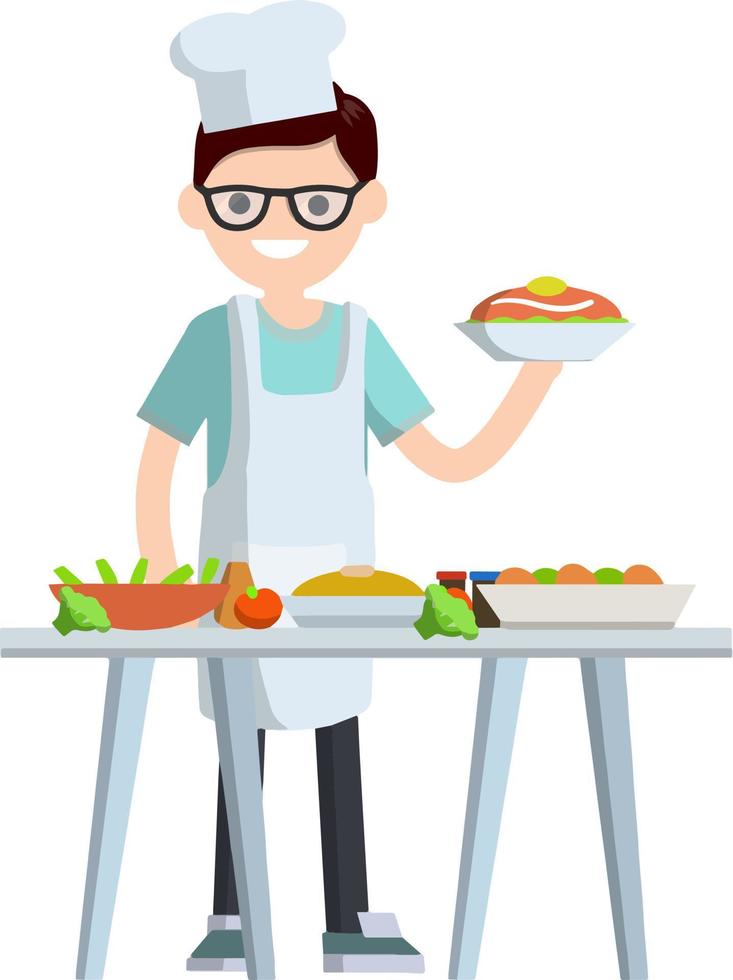 Flat Man cook holding plate of food. Chef and waiter at work vector
