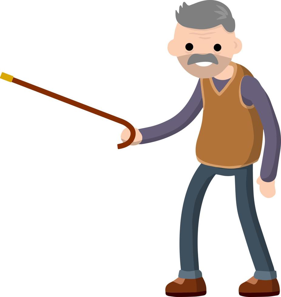Funny old man with cane. Senior and Active Lifestyle, recreation grandfather. Cartoon flat illustration. vector