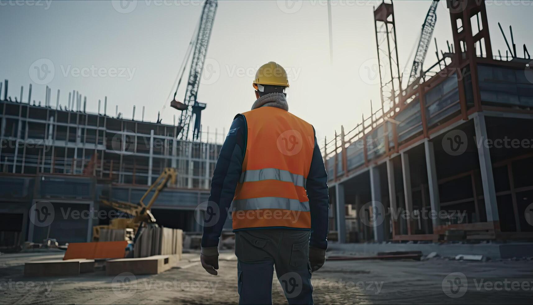 Construction concept. at back of the construction worker head which is wearing the safety helmet and checking work at the construction site. Non-existent person. photo